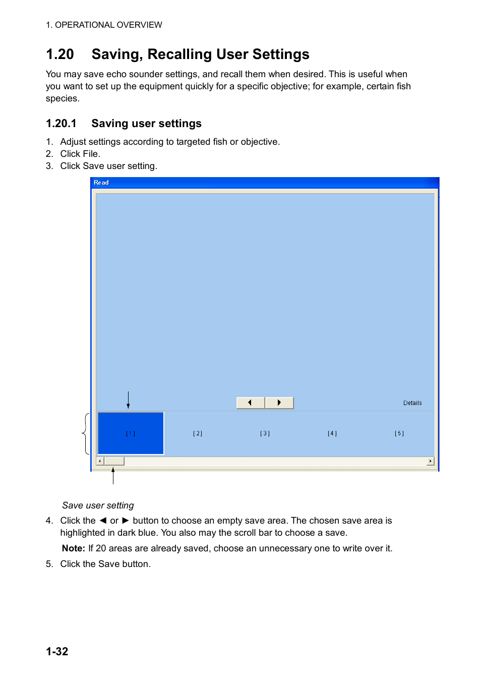 20 saving, recalling user settings | Furuno FCV-30 User Manual | Page 42 / 110