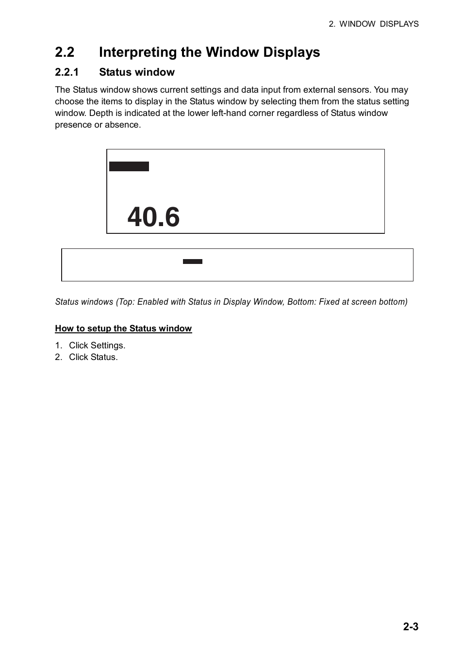 2 interpreting the window displays, 1 status window | Furuno FCV-30 User Manual | Page 57 / 110