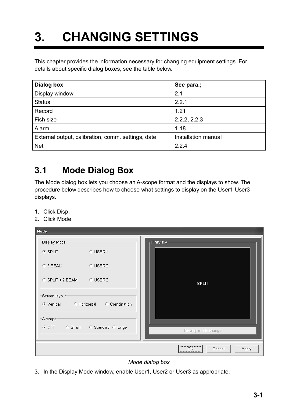 Changing settings, 1 mode dialog box | Furuno FCV-30 User Manual | Page 69 / 110