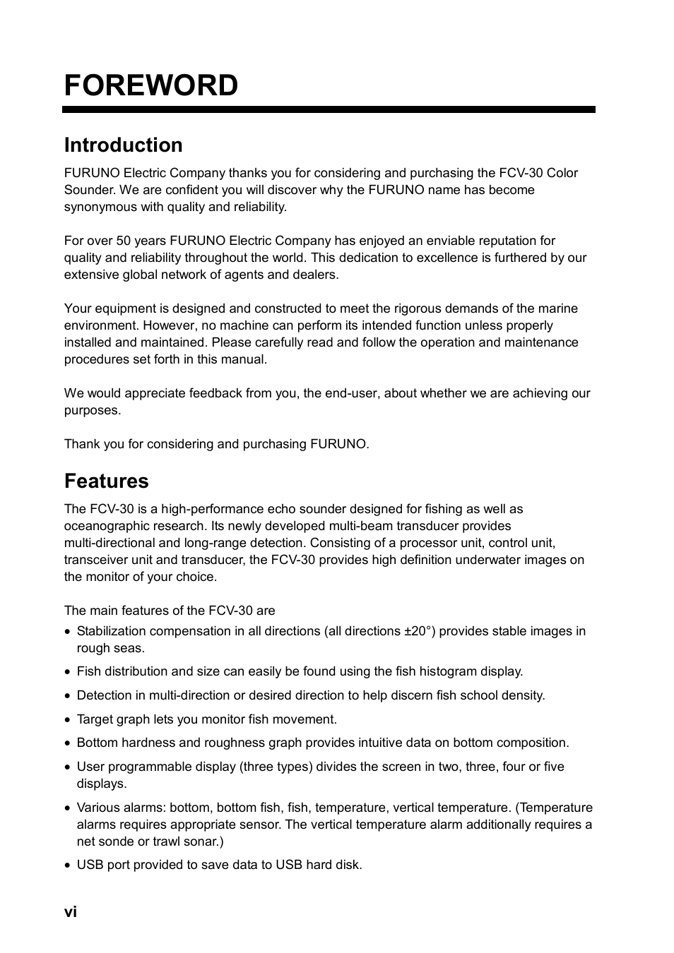Foreword, Introduction, Features | Furuno FCV-30 User Manual | Page 8 / 110