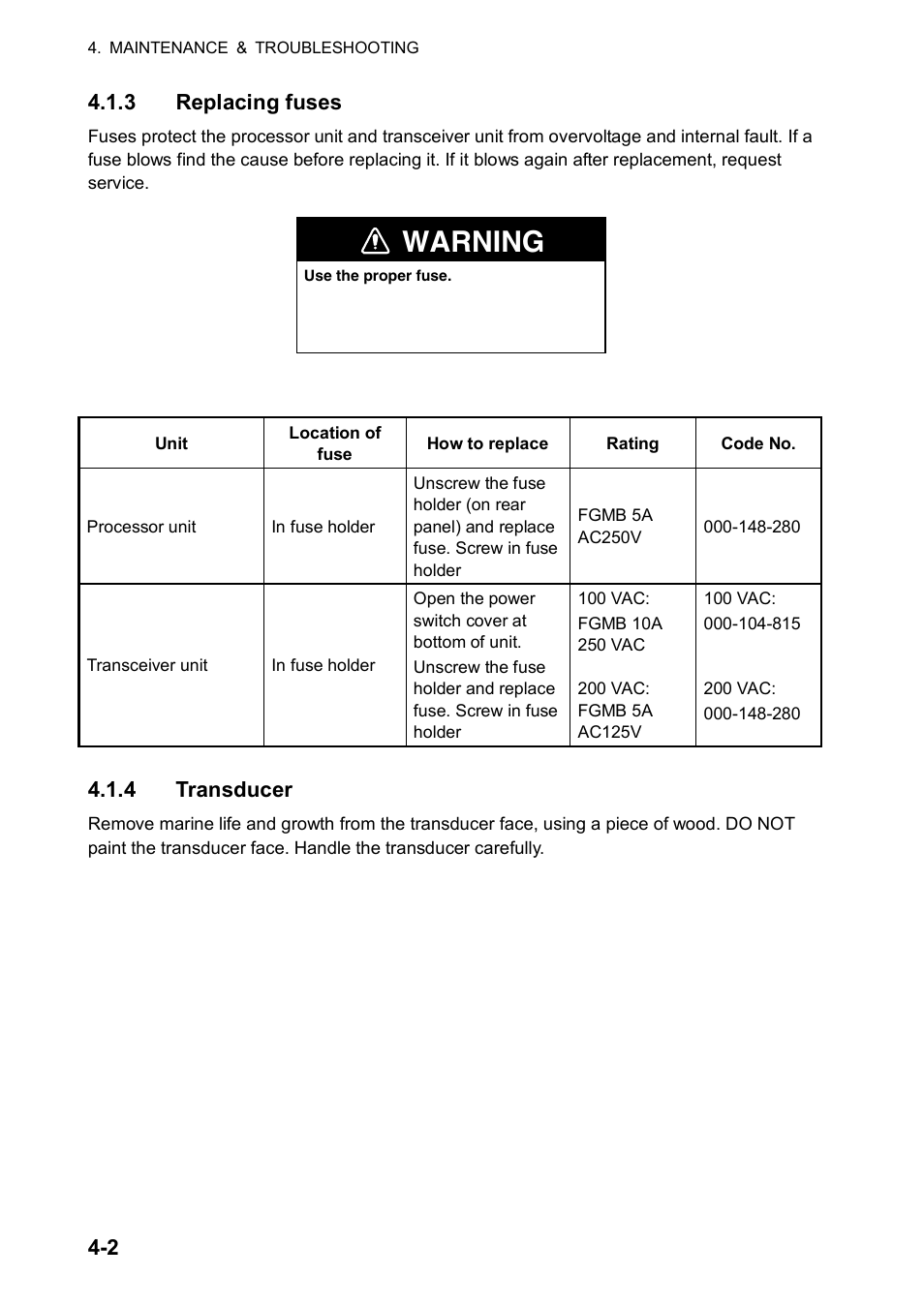Warning, 2 4.1.3 replacing fuses, 4 transducer | Furuno FCV-30 User Manual | Page 92 / 110