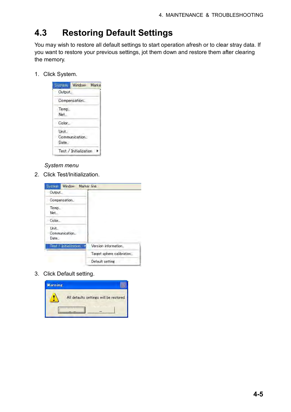 3 restoring default settings | Furuno FCV-30 User Manual | Page 95 / 110