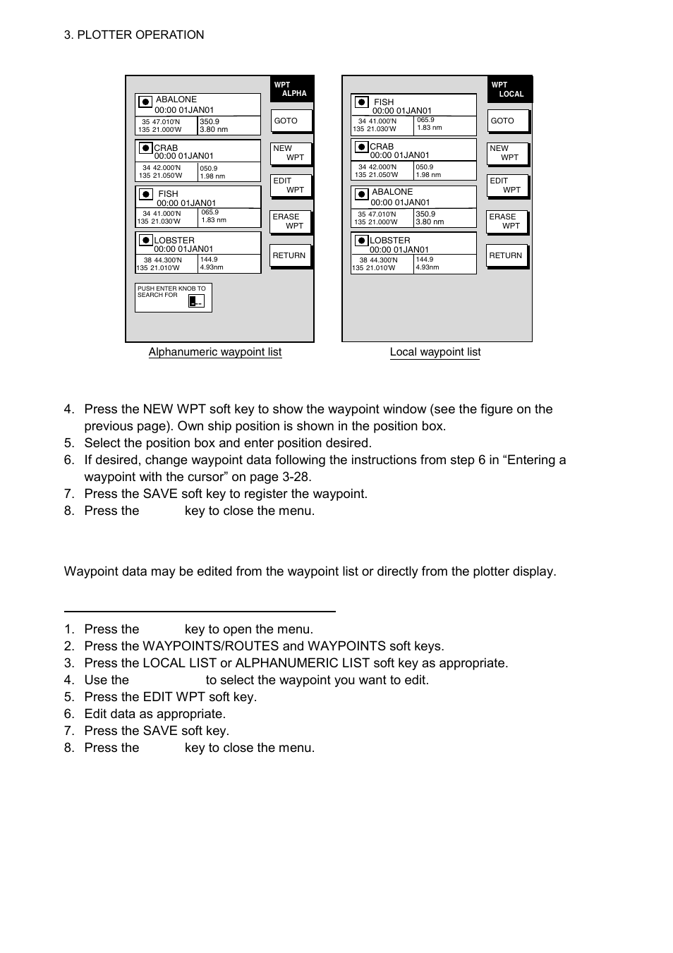 2 editing waypoint data, Plotter operation, Alphanumeric waypoint list | Local waypoint list | Furuno 1724C User Manual | Page 101 / 241