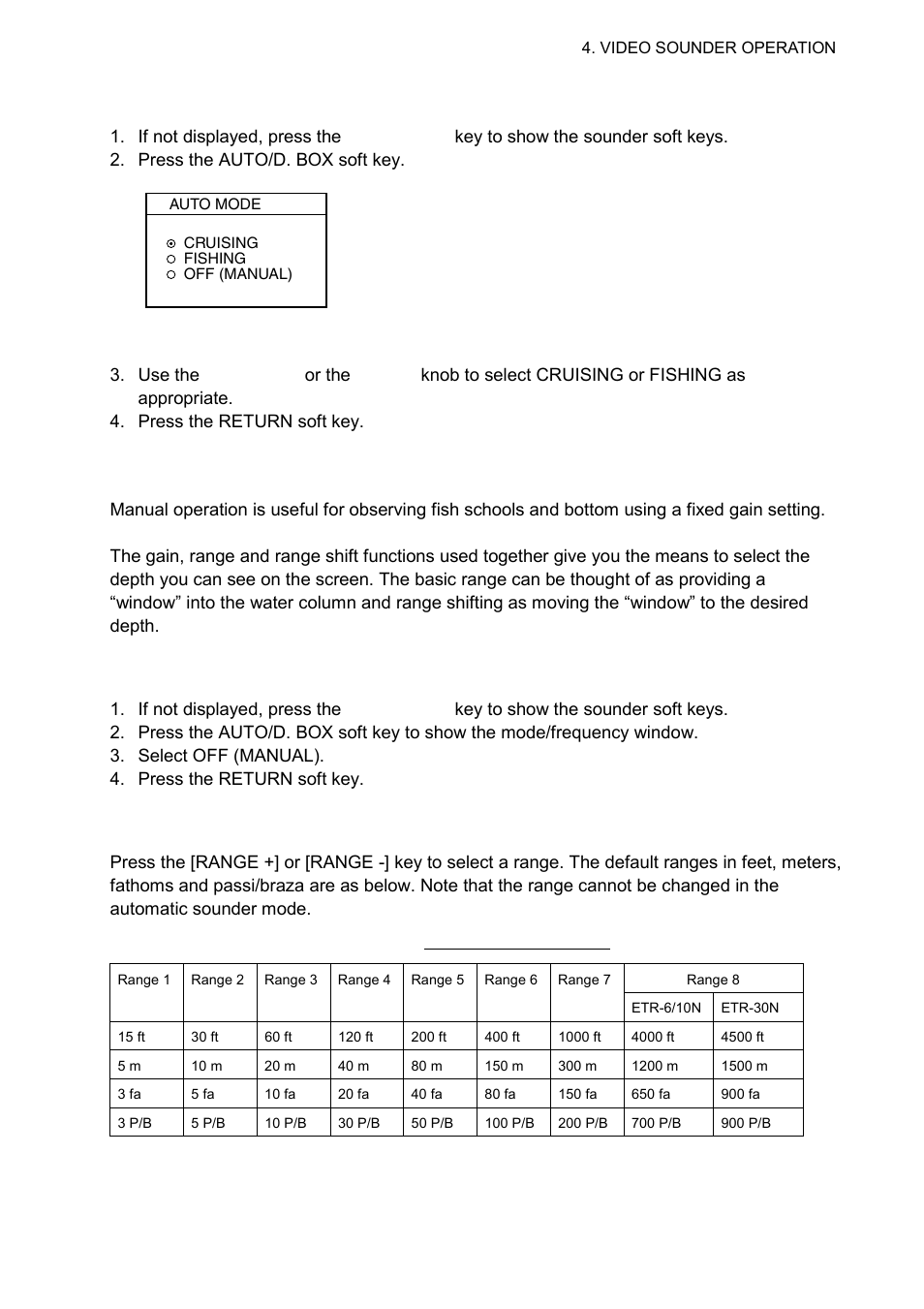 3 how to enable automatic sounder operation, 3 manual sounder operation, 1 selecting the manual mode | 2 selecting display range, 7 4.2.3 how to enable automatic sounder operation | Furuno 1724C User Manual | Page 136 / 241