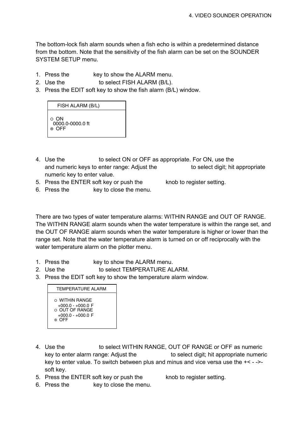 4 fish alarm (b/l), 5 water temperature alarm | Furuno 1724C User Manual | Page 146 / 241
