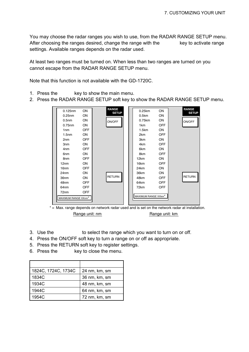 2 radar range setup, 7 7.2.2 radar range setup | Furuno 1724C User Manual | Page 170 / 241
