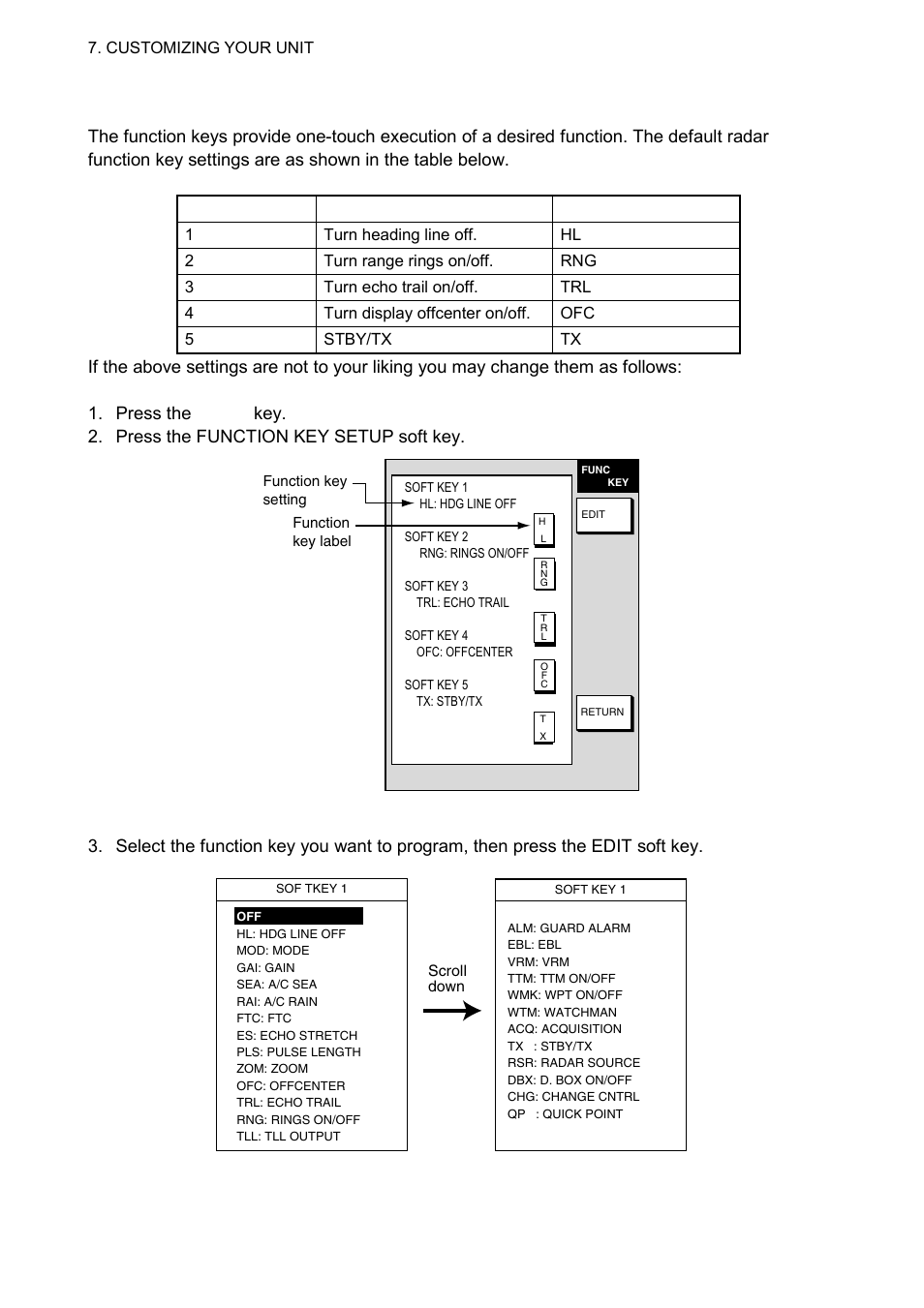 3 function key setup, 8 7.2.3 function key setup, Radar function key options | Furuno 1724C User Manual | Page 171 / 241