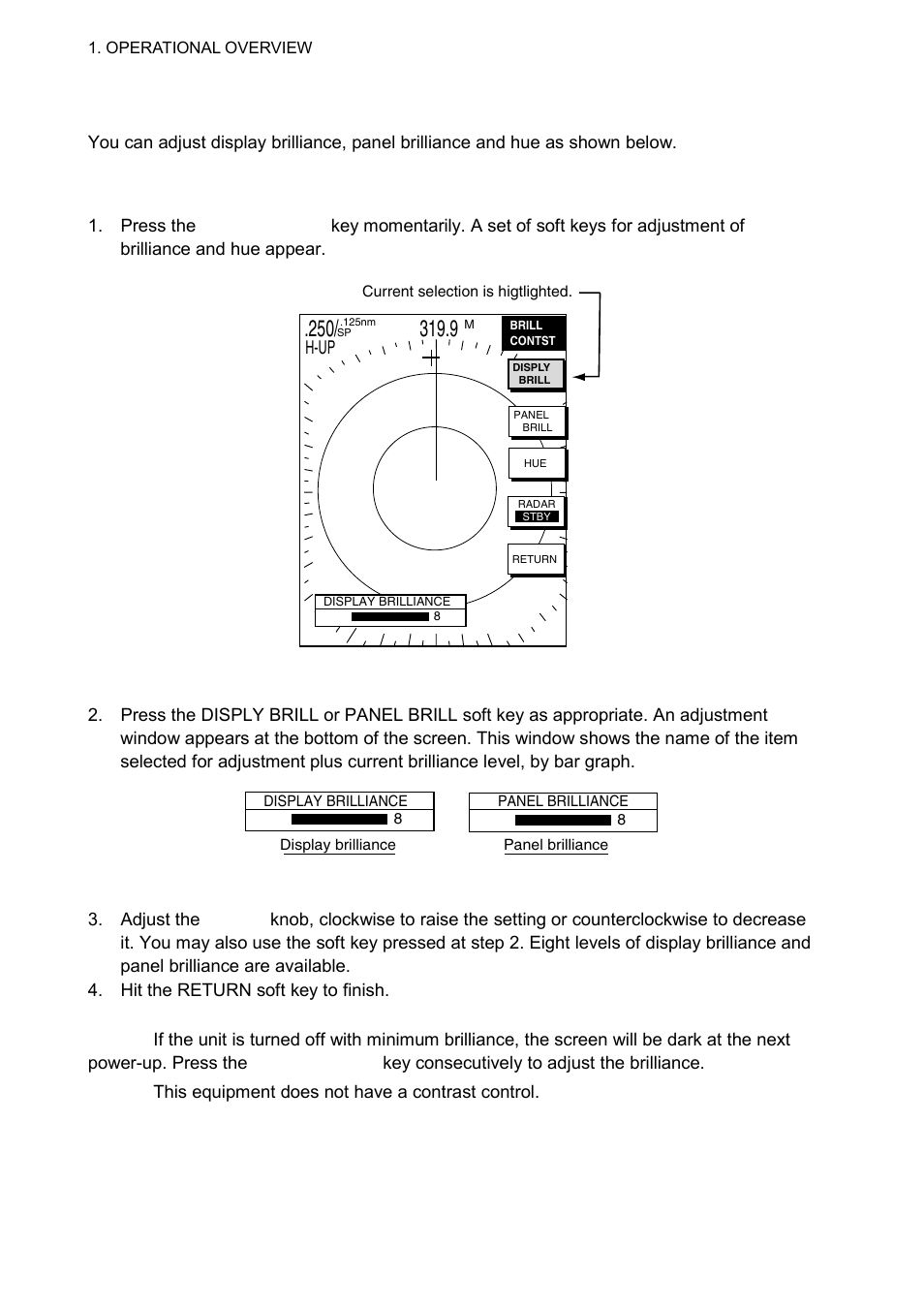 4 display brilliance, panel brilliance, hue, 1 display brilliance, panel brilliance | Furuno 1724C User Manual | Page 19 / 241