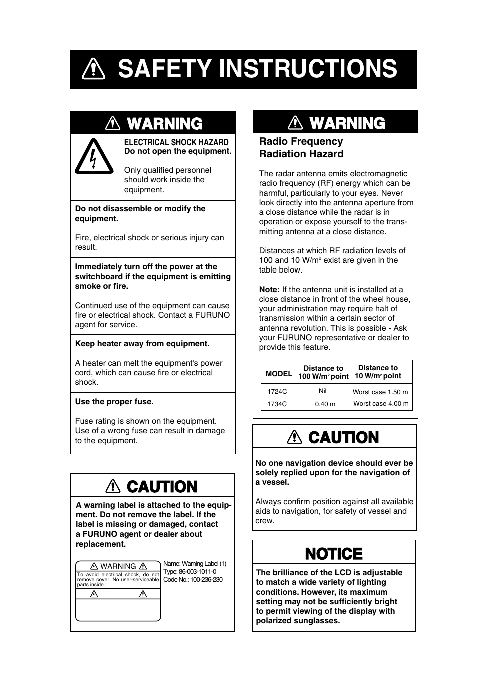 Safety instructions, Warning, Caution | Notice | Furuno 1724C User Manual | Page 2 / 241