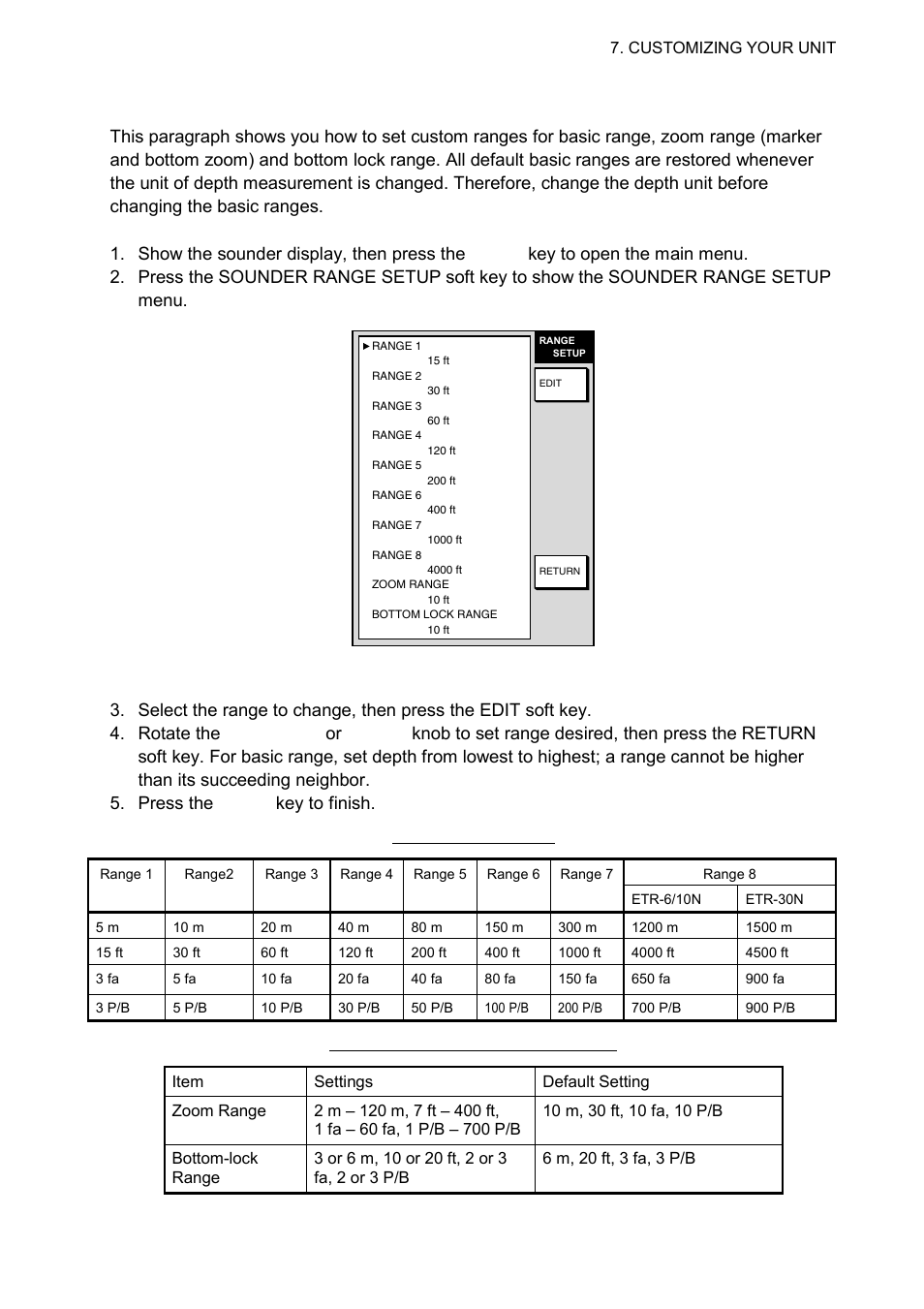 3 sounding range, zoom range, bottom lock range, Zoom range and bottom-lock ranges | Furuno 1724C User Manual | Page 200 / 241