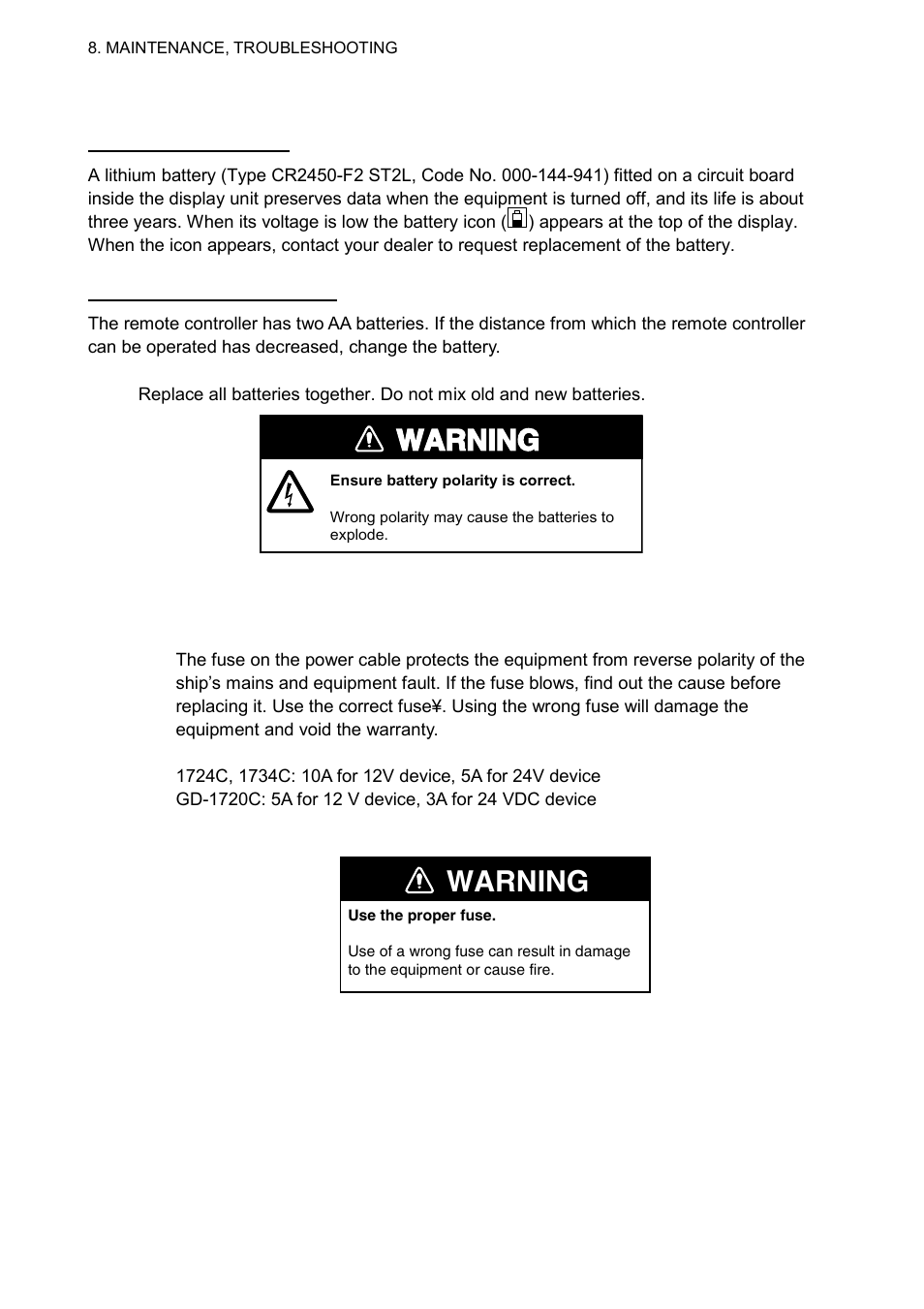 2 replacement of batteries, 3 replacement of fuse, Warning | Furuno 1724C User Manual | Page 205 / 241