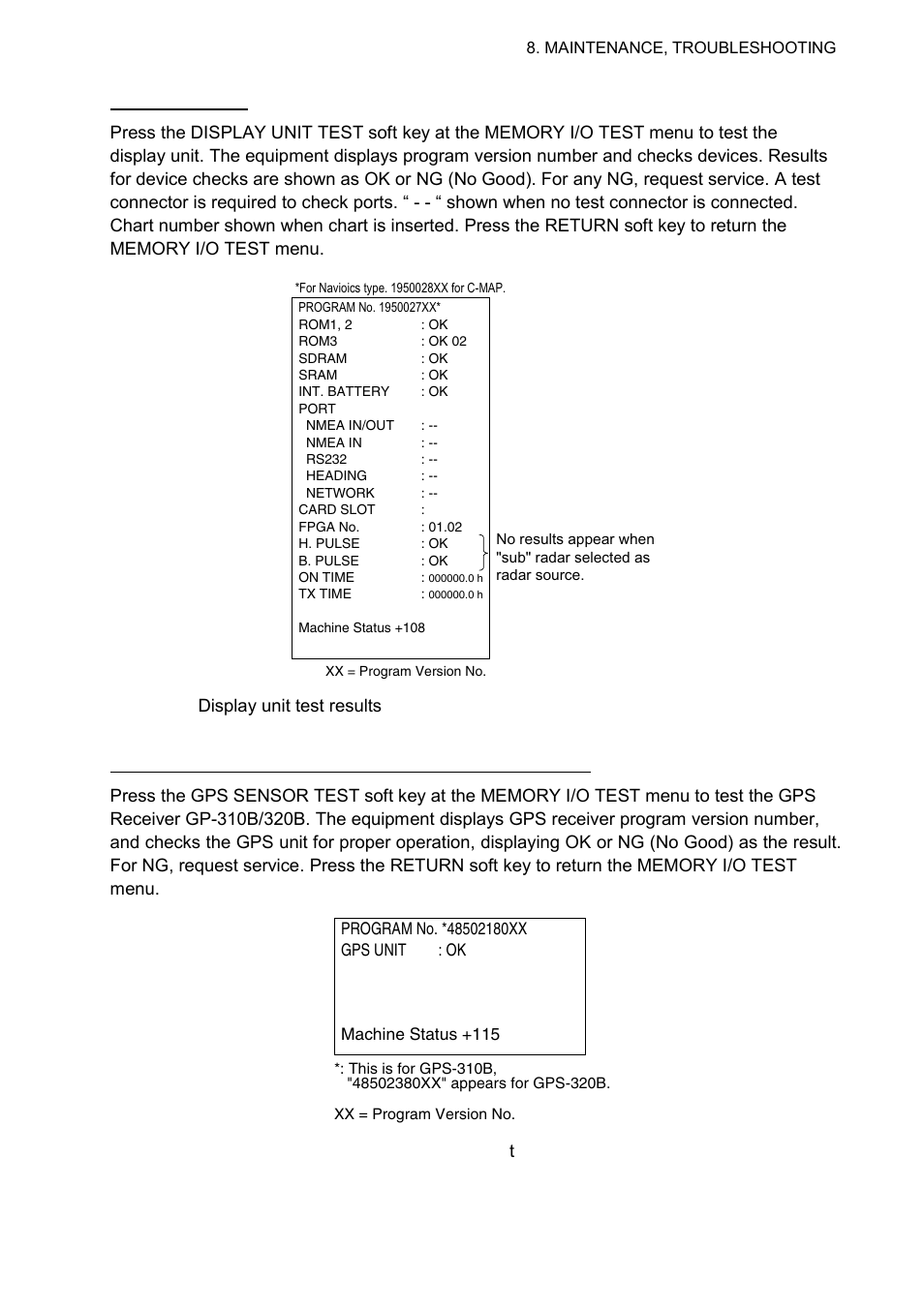 Gps receiver tes t results | Furuno 1724C User Manual | Page 210 / 241