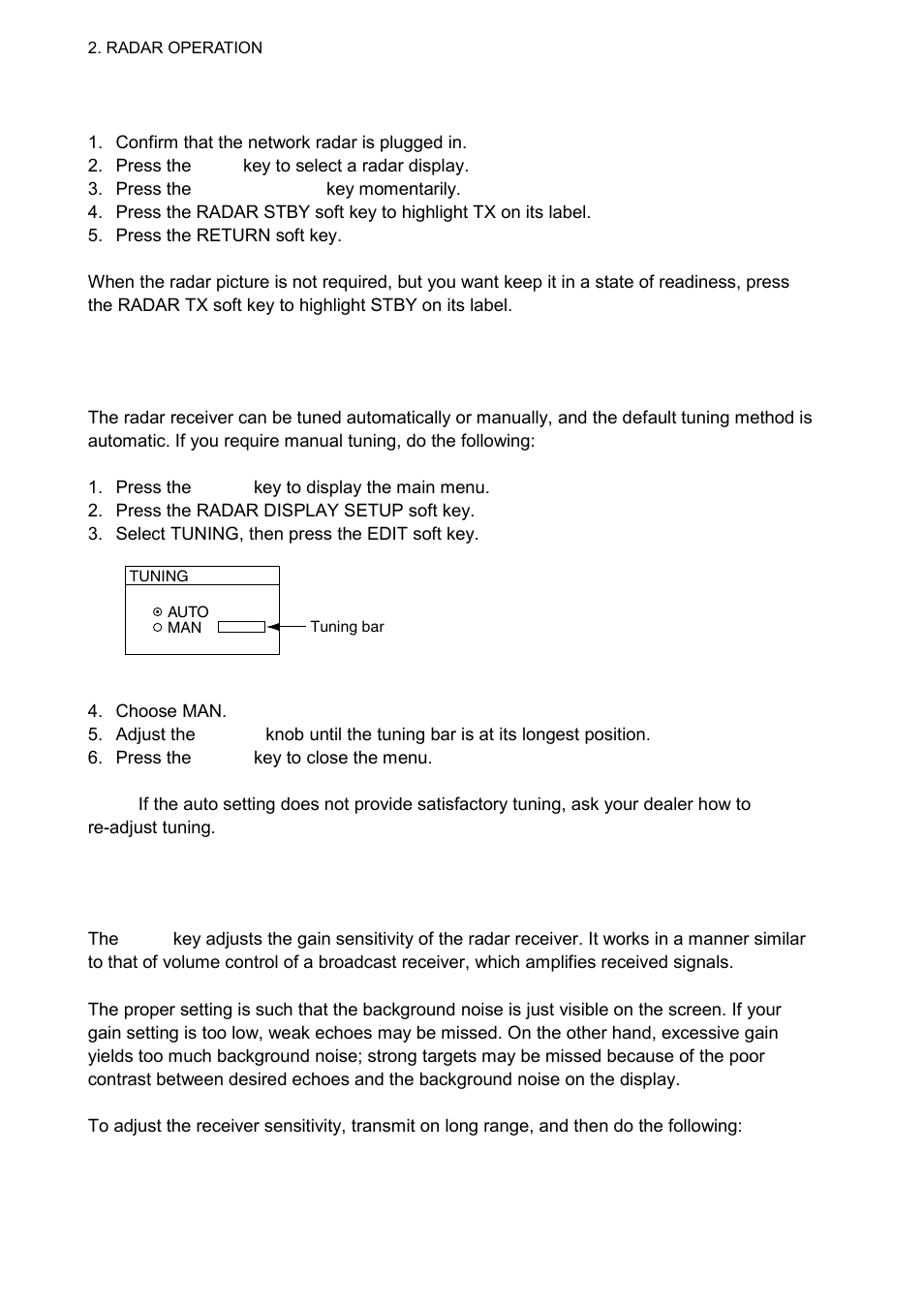 2 transmitting, stand-by, 3 tuning, 4 adjusting the gain | Furuno 1724C User Manual | Page 33 / 241