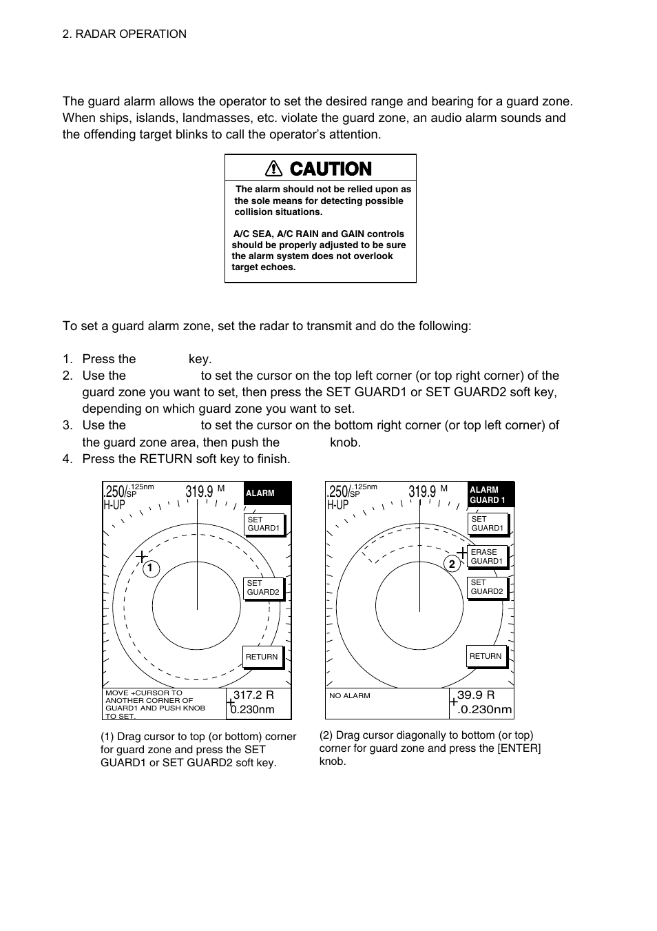 22 guard alarm, 1 setting a guard alarm zone, Caution | H-up | Furuno 1724C User Manual | Page 55 / 241