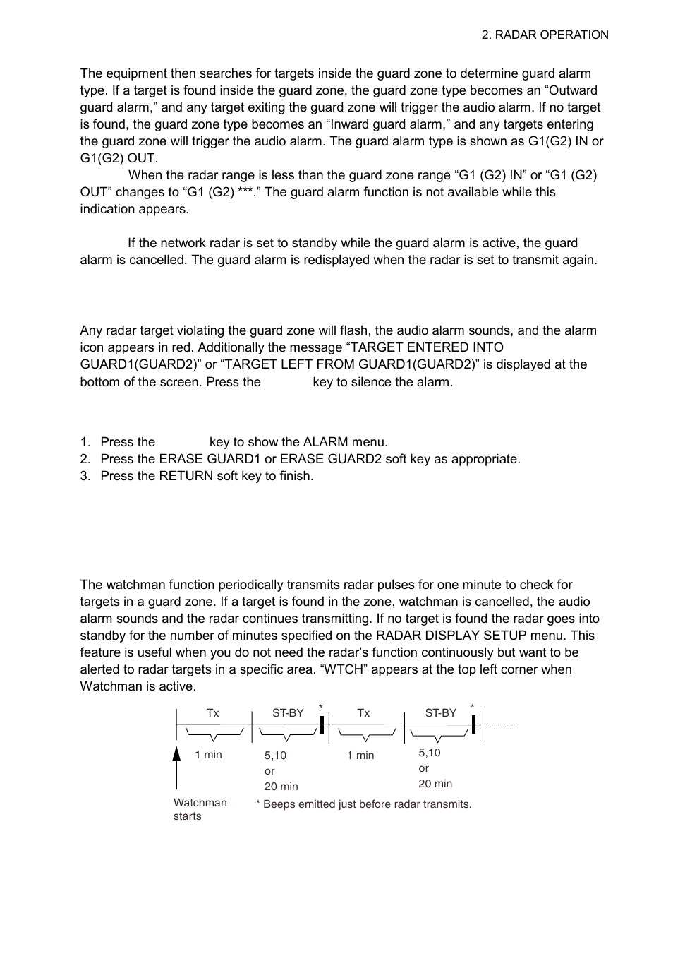 2 when the alarm is violated, 3 cancelling the guard alarm, 23 watchman | 1 how watchman works | Furuno 1724C User Manual | Page 56 / 241