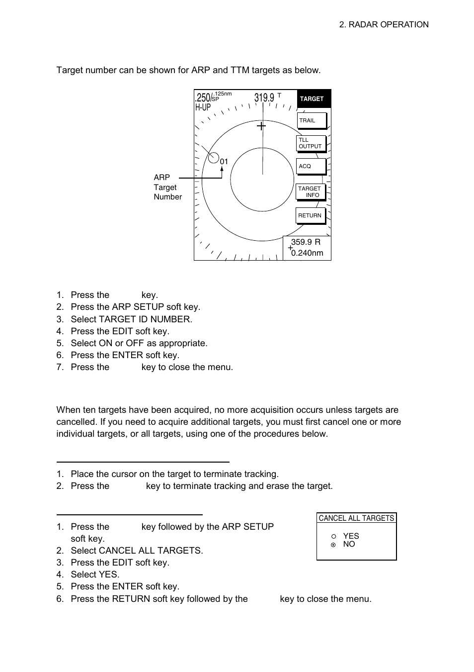 3 displaying target number (arp, ttm), 4 terminating tracking of arp targets | Furuno 1724C User Manual | Page 62 / 241