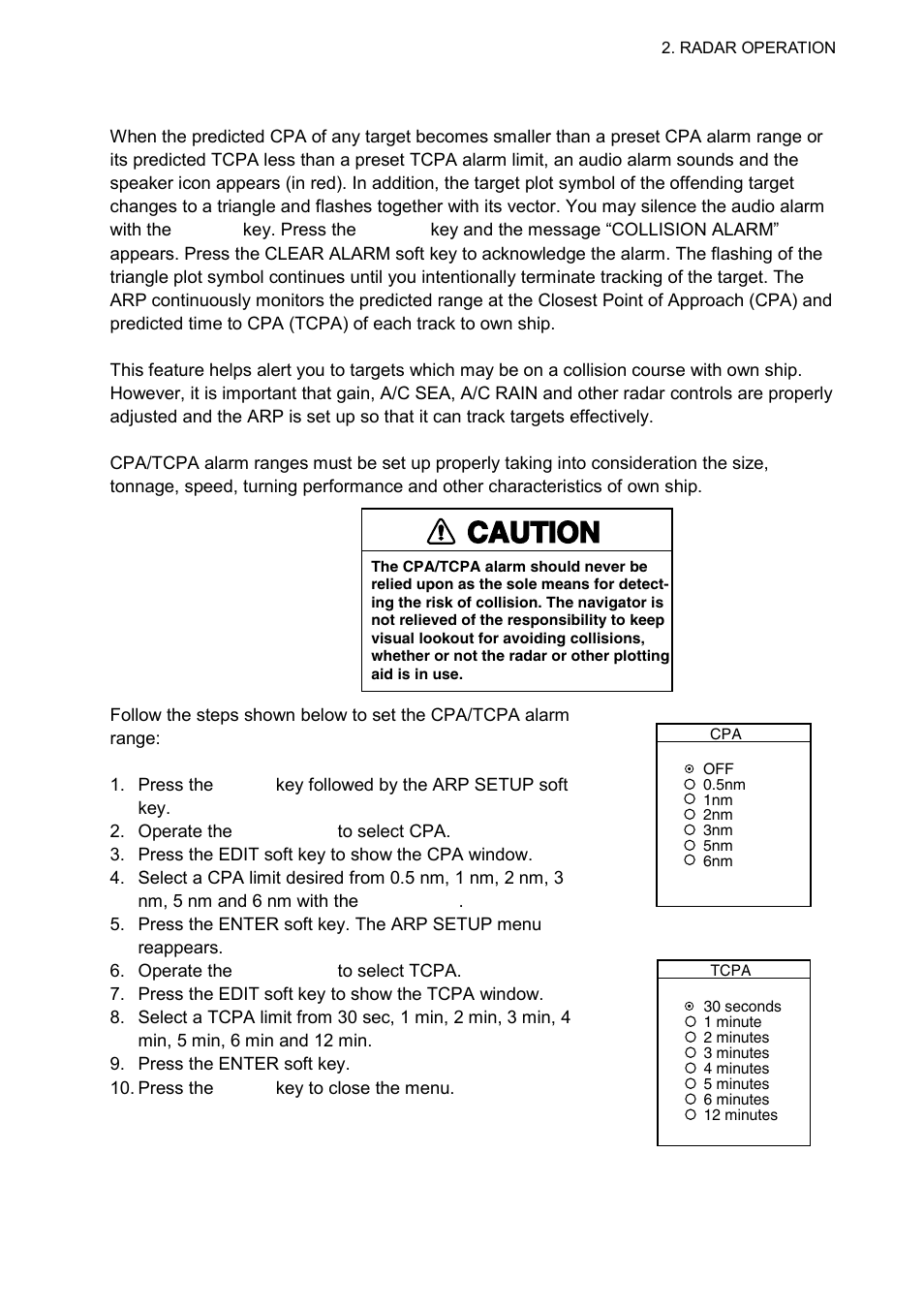 8 cpa/tcpa alarm (arp), Caution | Furuno 1724C User Manual | Page 66 / 241