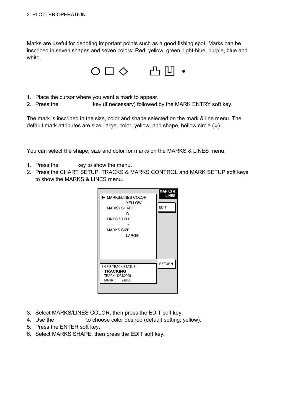 7 marks, lines, 1 entering a mark, line, 2 changing mark attributes | Furuno 1724C User Manual | Page 95 / 241