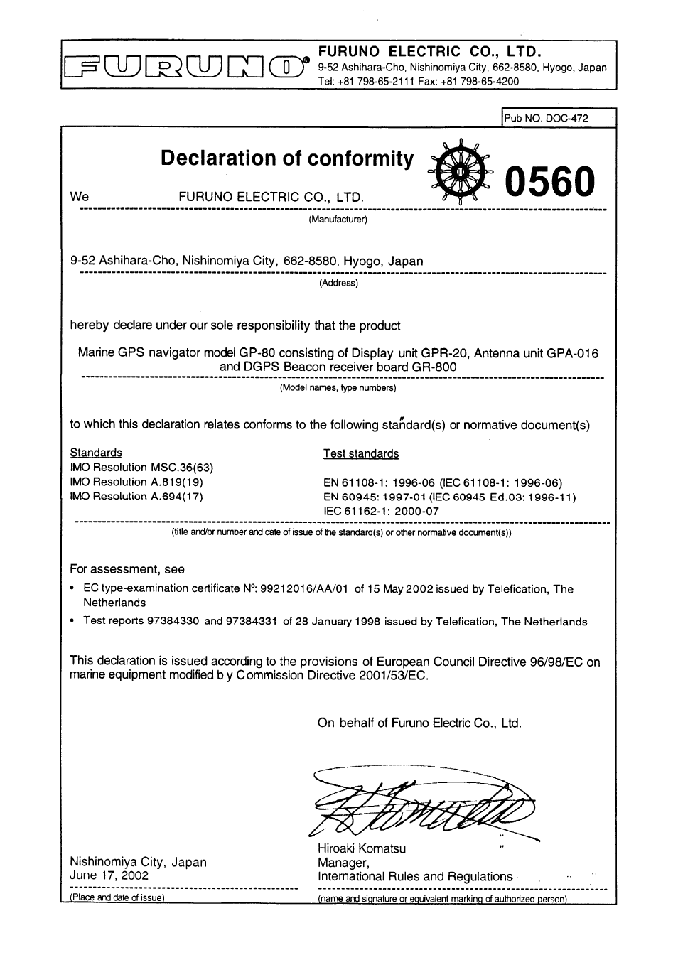 Declaration of conformity | Furuno BACK GP-80 User Manual | Page 103 / 103