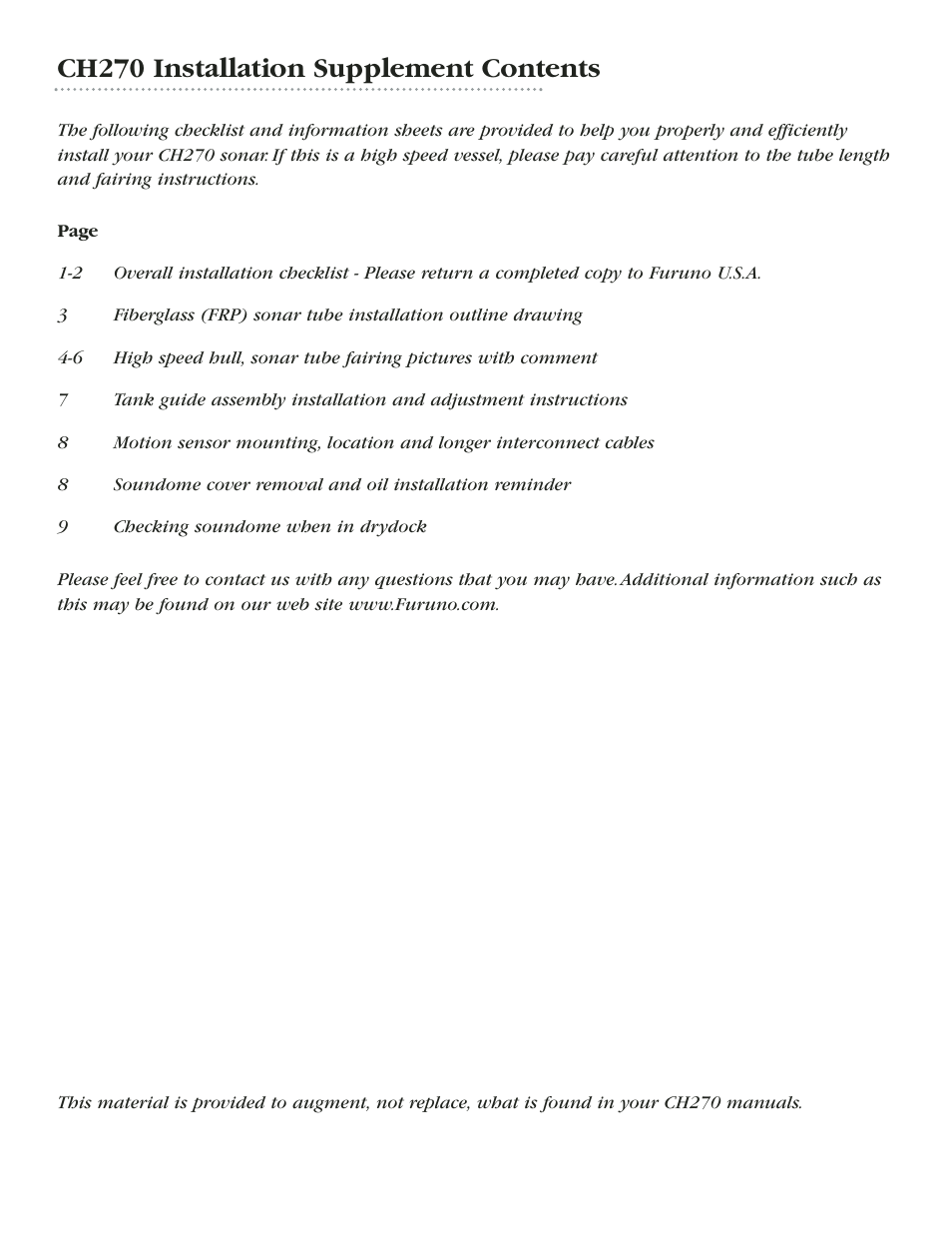 Ch270 installation supplement contents | Furuno SEARCHLIGHT CH270 User Manual | Page 2 / 13