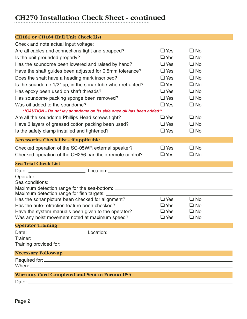 Ch270 installation check sheet - continued | Furuno SEARCHLIGHT CH270 User Manual | Page 4 / 13