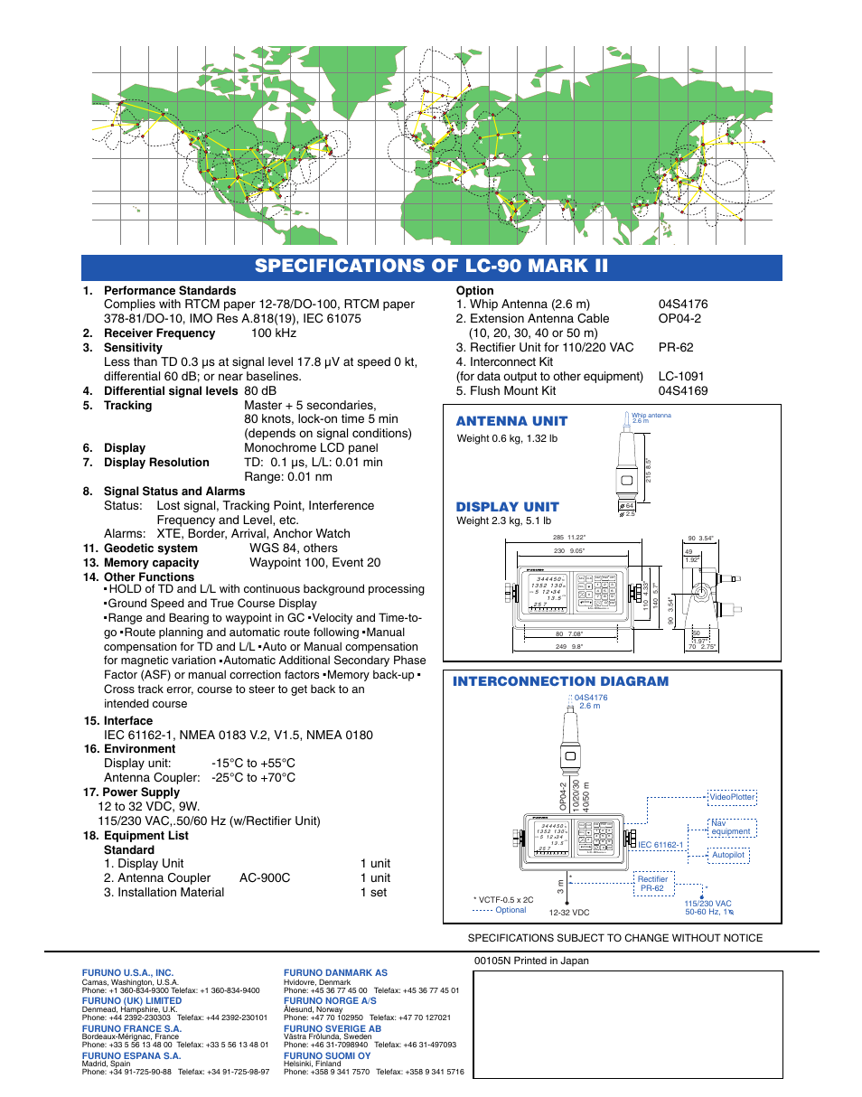 Specifications of lc-90 mark ii, Fr to, Mark-ii s/c ttg r/b xte nav rte wpt clc alm | Mark-ii, Display unit, Interconnection diagram antenna unit, 100 khz, 80 db, Monochrome lcd pane, Wgs 84, others | Furuno LC-90 MARK-II User Manual | Page 2 / 2