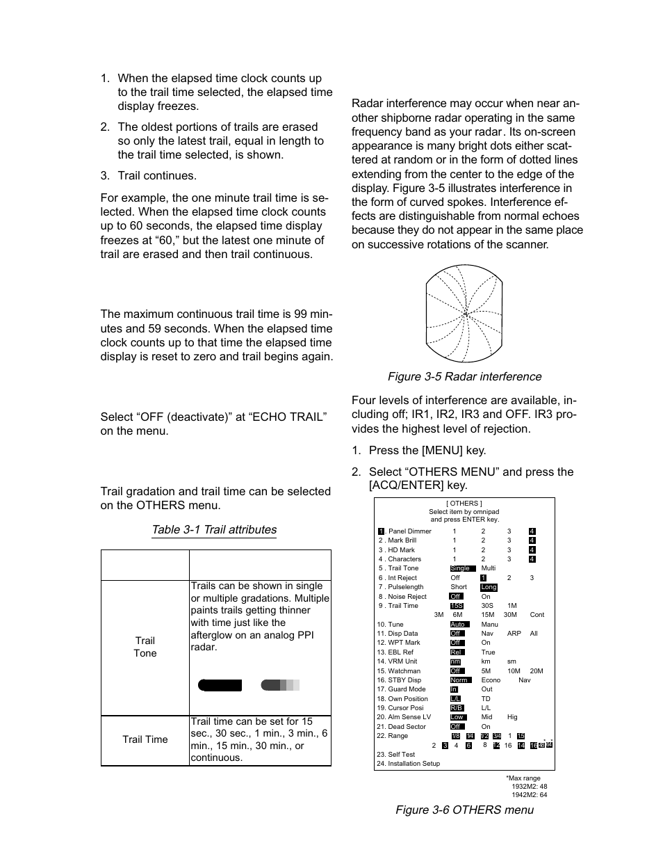 5 suppressing radar interference, Fixed time trail, Continuous trail | Cancelling echo trail, Changing trail attributes, Figure 3-5 radar interference, Figure 3-6 others menu, Table 3-1 trail attributes | Furuno 1942 MARK-2 User Manual | Page 23 / 52