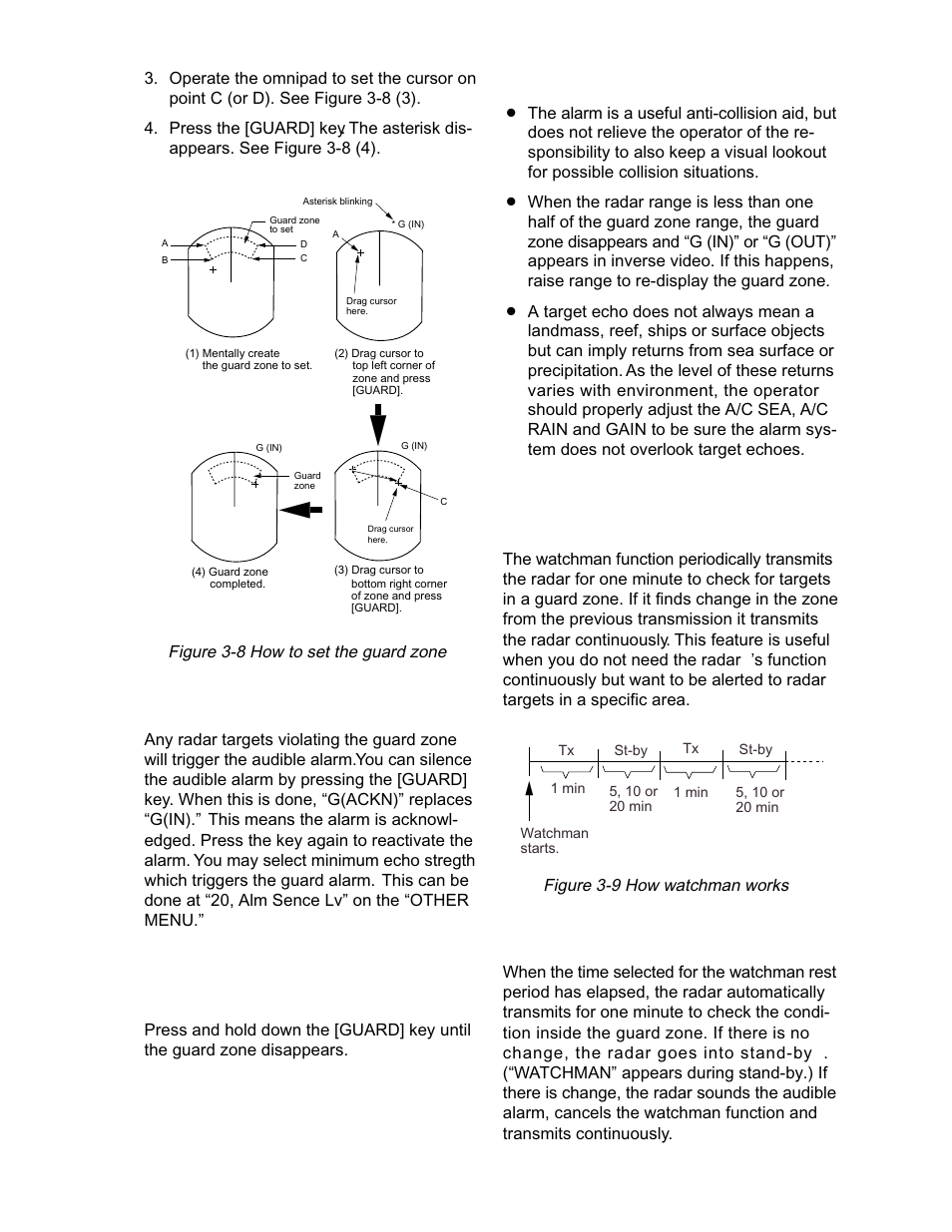 8 watchman, Silencing the audible alarm, Cancelling the guard zone and guard alarm | How watchman works, Figure 3-8 how to set the guard zone, Figure 3-9 how watchman works | Furuno 1942 MARK-2 User Manual | Page 25 / 52