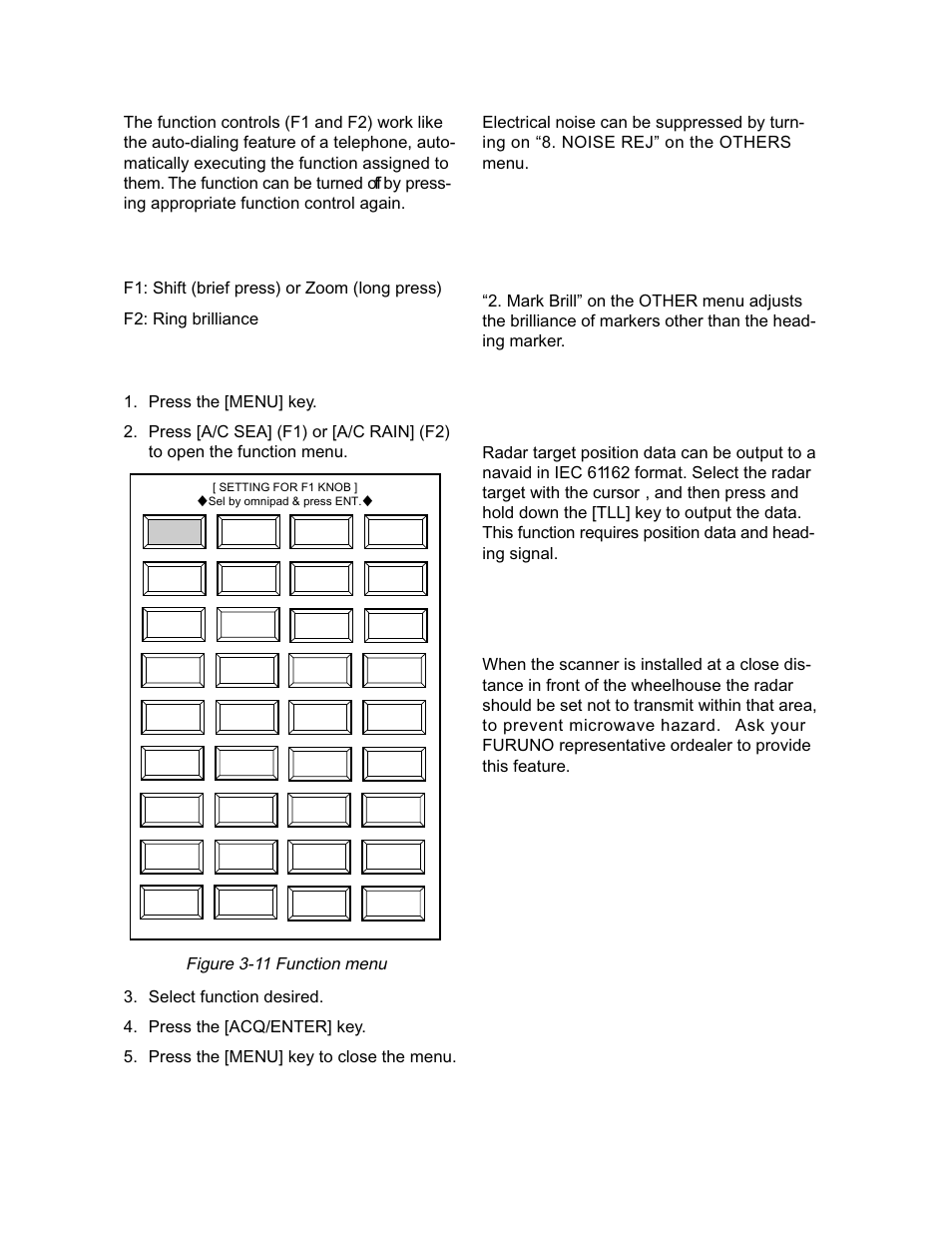 11 function controls, 12 suppressing noise, 13 adjusting brilliance of markers | 14 outputting target position, 15 dead sector, Default settings, How to register menu items, Figure 3-11 function menu | Furuno 1942 MARK-2 User Manual | Page 28 / 52