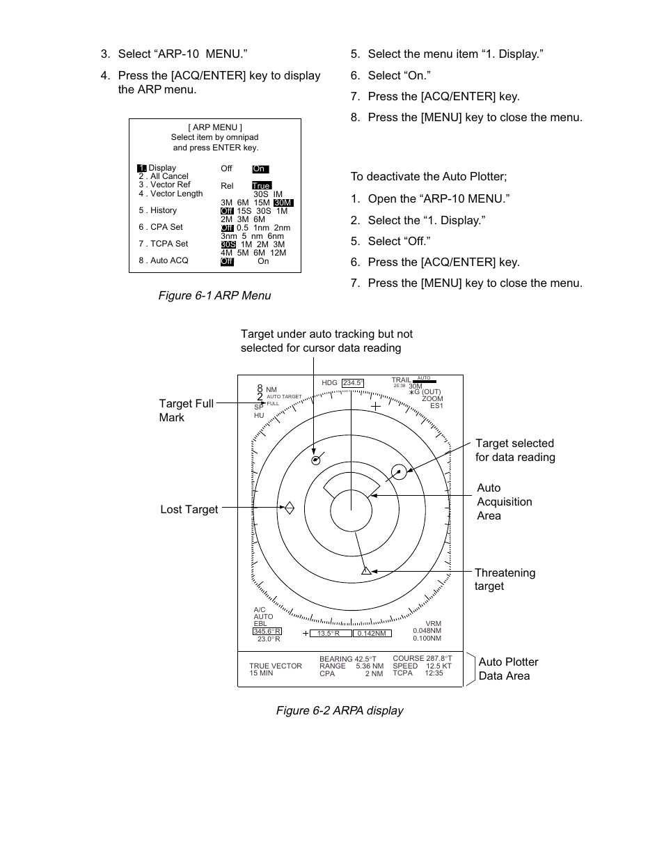 Deactivating the auto plotter, Figure 6-1 arp menu, Figure 6-2 arpa display | Target full mark | Furuno 1942 MARK-2 User Manual | Page 39 / 52