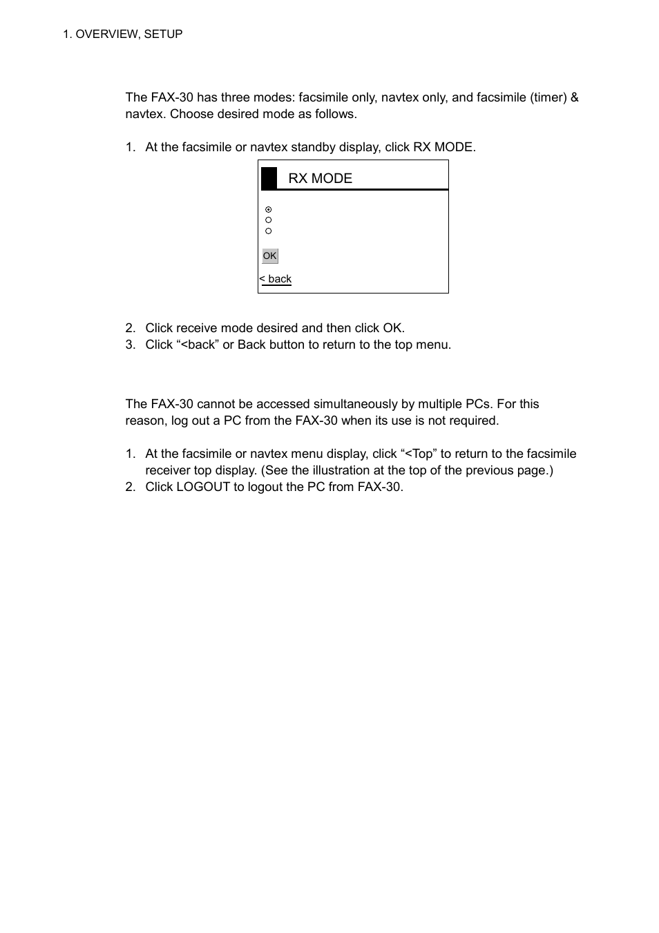 8 1.2.2 choosing the receive mode, 3 logging out | Furuno FAX-30 User Manual | Page 22 / 115