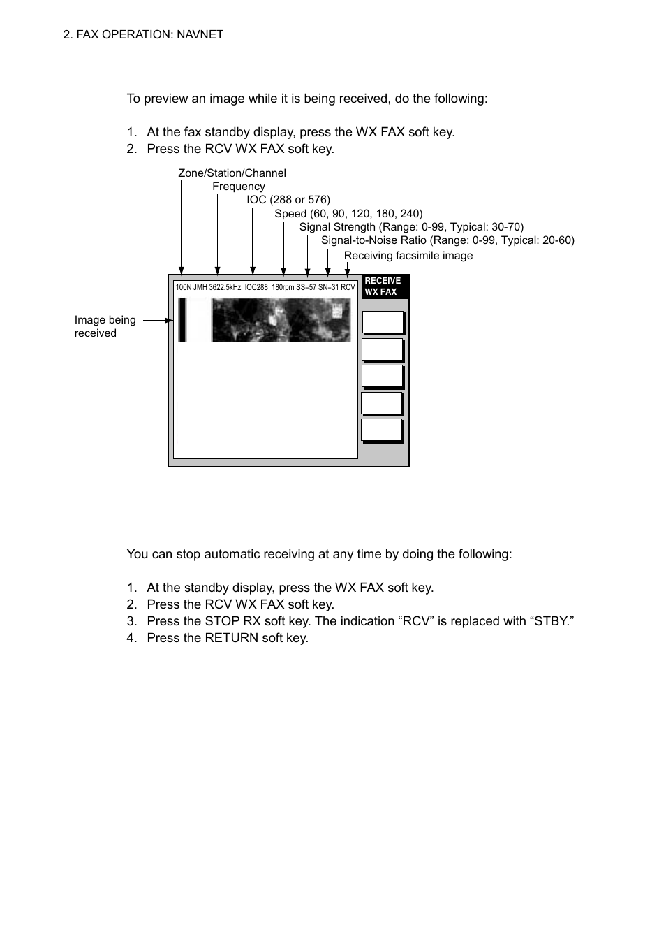 4 2.1.2 previewing image being received, 3 stopping automatic receiving | Furuno FAX-30 User Manual | Page 26 / 115