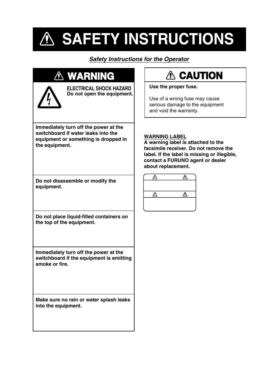 Safety instructions, Warning, Caution | Furuno FAX-30 User Manual | Page 3 / 115