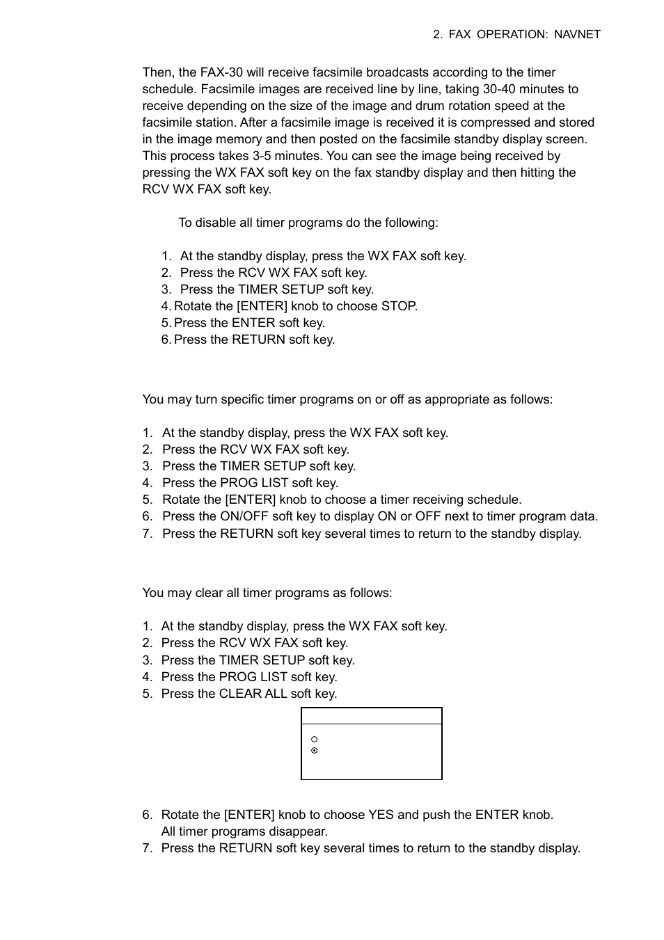 2 turning on/off specific timer programs, 4 clearing all timer programs | Furuno FAX-30 User Manual | Page 33 / 115