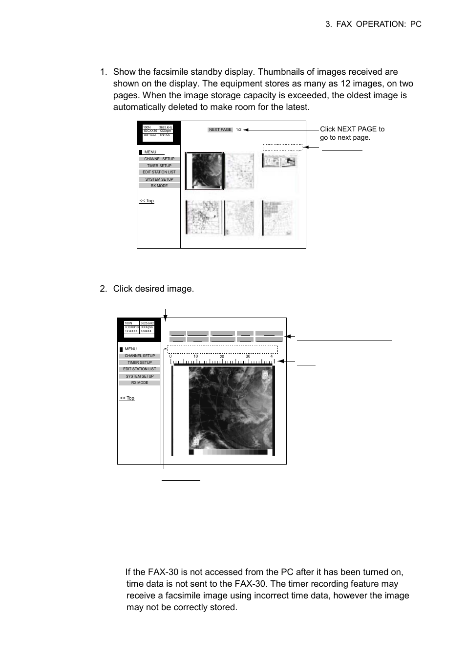3 displaying facsimile images, Facsimile standby display 2. click desired image, Fax operation: pc | Scale used for phase tuning. see para. 3.4.1 | Furuno FAX-30 User Manual | Page 47 / 115