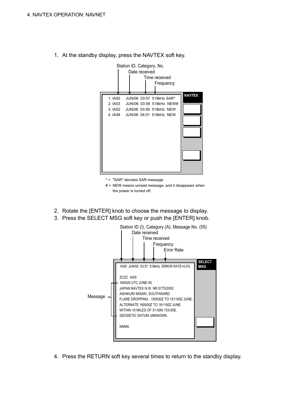 4 displaying navtex messages, 1 displaying navtex messages | Furuno FAX-30 User Manual | Page 60 / 115
