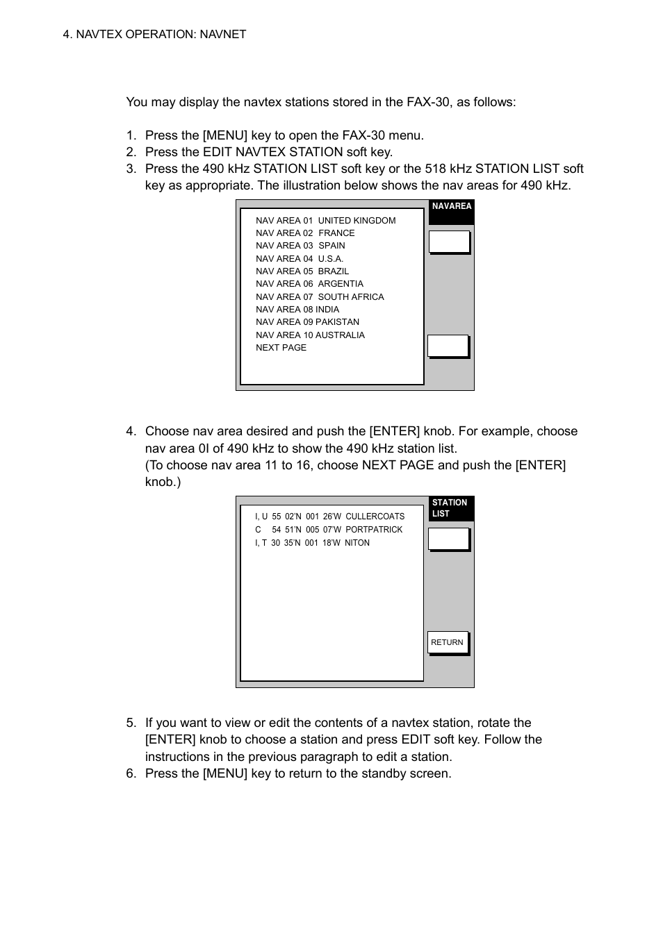 5 displaying the navtex station list | Furuno FAX-30 User Manual | Page 62 / 115