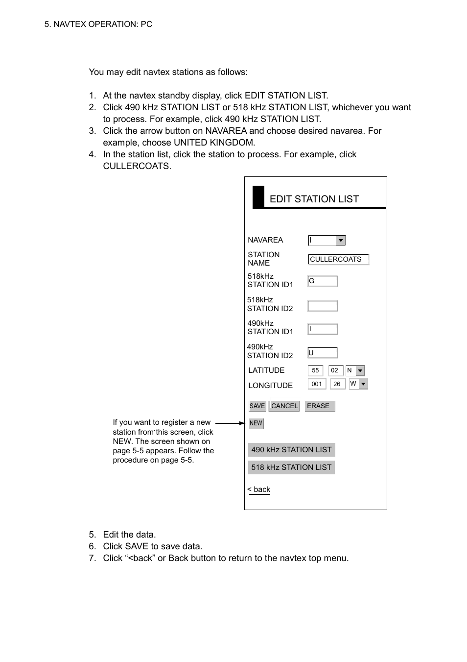 6 editing navtex stations, Edit station list | Furuno FAX-30 User Manual | Page 70 / 115