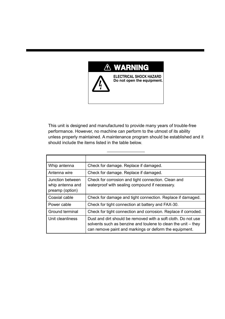 Maintenance, troubleshooting, 1 maintenance, Warning | Furuno FAX-30 User Manual | Page 73 / 115