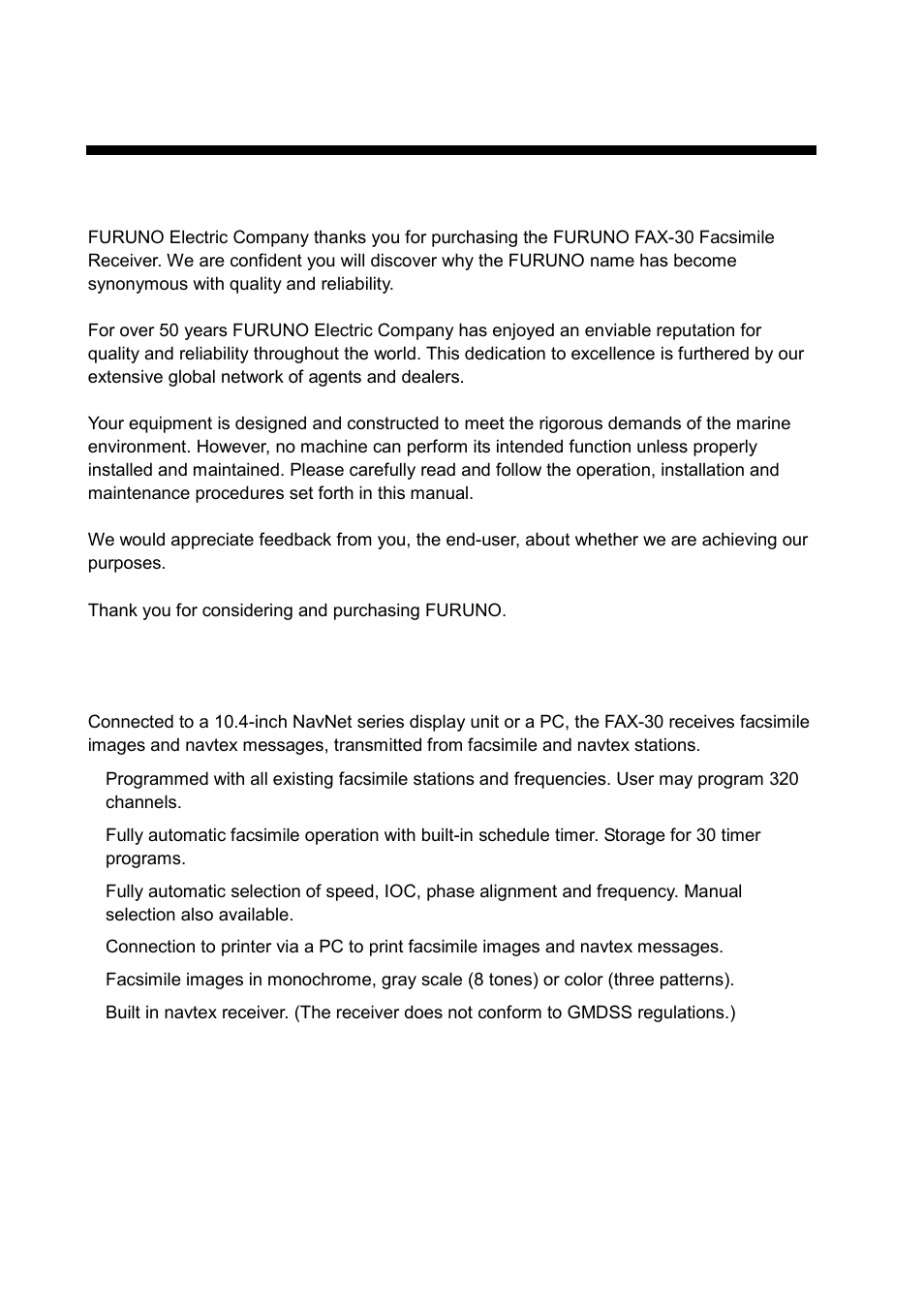 Foreword, A word to the owner of the fax-30, Features | Furuno FAX-30 User Manual | Page 8 / 115