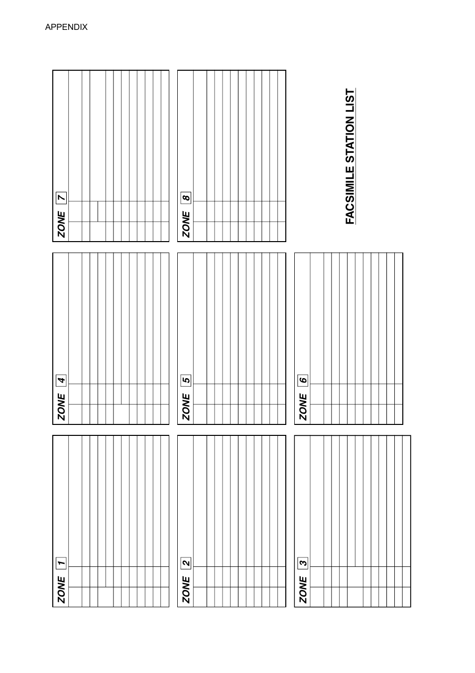 Ap-2 facsimile station list (by zone), Fa csimile st a tion list, Zone 1 | Zone 4, Zone 3, Zone 2, Zone 5, Zone 8, Zone 7, Zone 6 | Furuno FAX-30 User Manual | Page 92 / 115