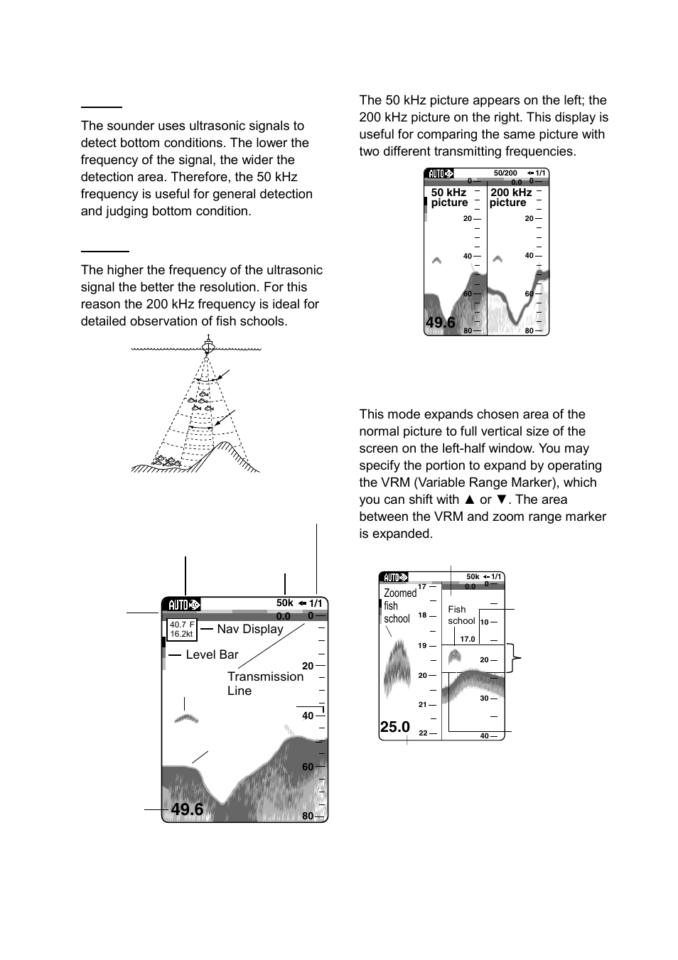 3single frequency display, Dual frequency display, Marker-zoom display | Frequency and coverage area, Typical 50 khz display | Furuno LS-6100 User Manual | Page 10 / 47