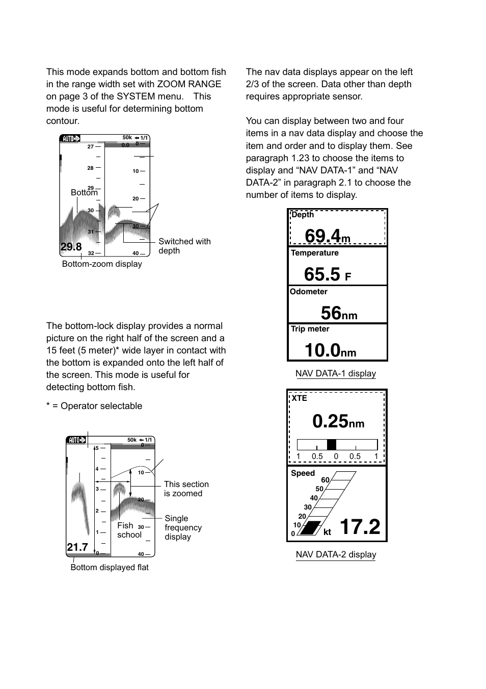 4 bottom-zoom display, Bottom-lock display, Nav data displays | Furuno LS-6100 User Manual | Page 11 / 47