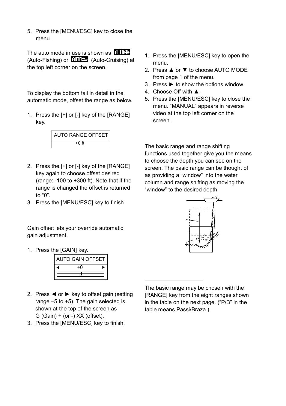 7 manual operation, Range offset, Gain offset | Choosing the manual mode, Choosing range | Furuno LS-6100 User Manual | Page 13 / 47