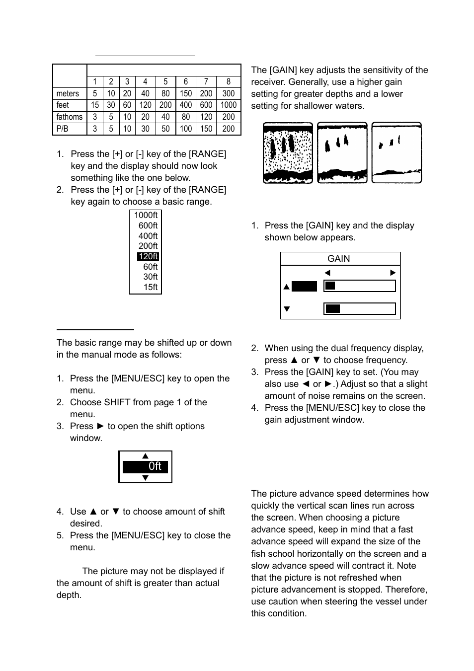 8 choosing picture advance speed, Adjusting the gain | Furuno LS-6100 User Manual | Page 14 / 47