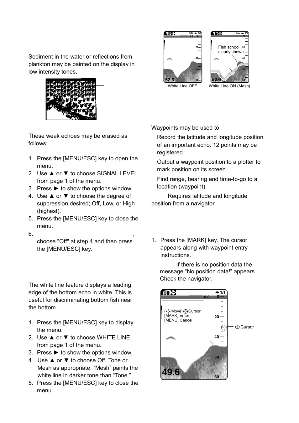13 erasing weak echoes, 14 white line, 15 waypoints | Registering a waypoint on the screen | Furuno LS-6100 User Manual | Page 17 / 47
