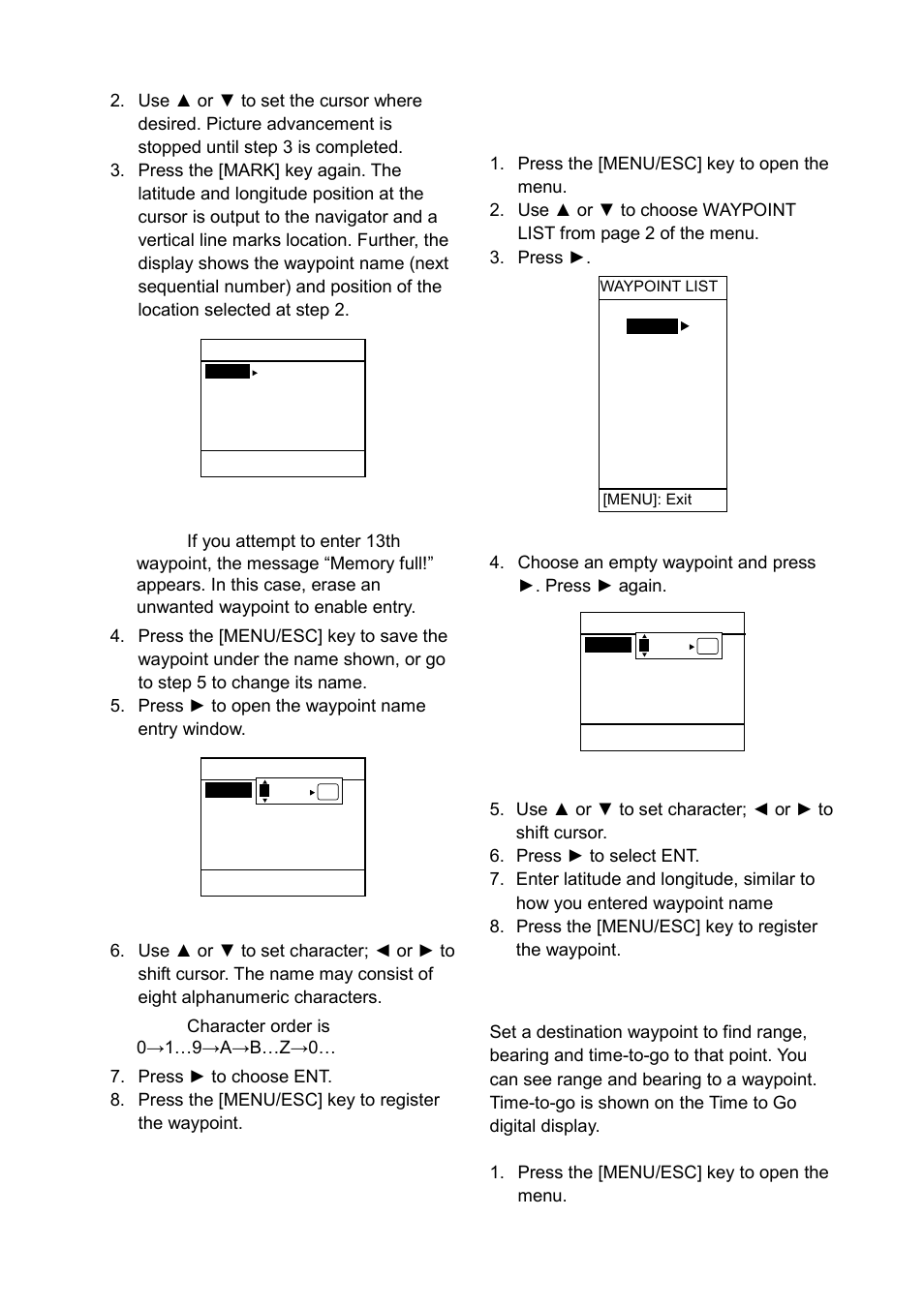 Registering waypoint from the waypoint list, Setting destination waypoint | Furuno LS-6100 User Manual | Page 18 / 47