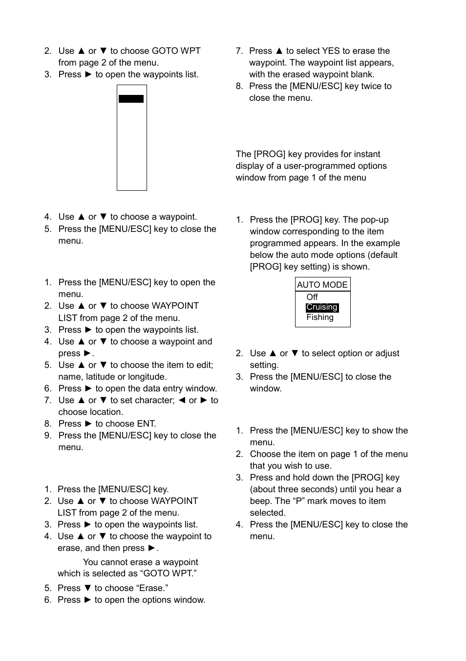 16 prog key, Editing waypoints, Erasing waypoints | Using the prog key, Registering function | Furuno LS-6100 User Manual | Page 19 / 47