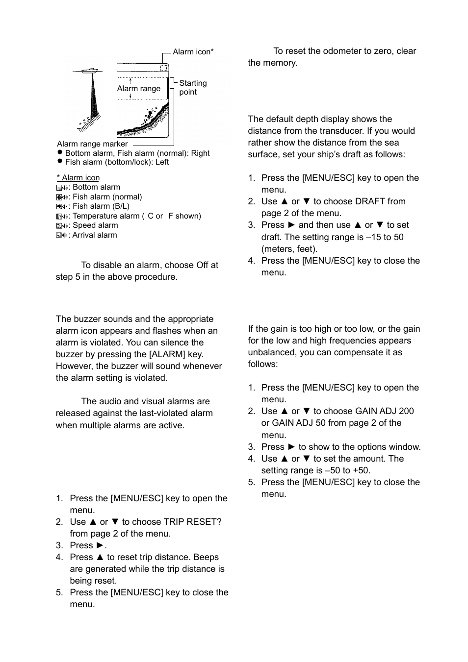 20 resetting trip distance, 21 setting the draft, 22 gain compensation | Silencing the buzzer | Furuno LS-6100 User Manual | Page 22 / 47