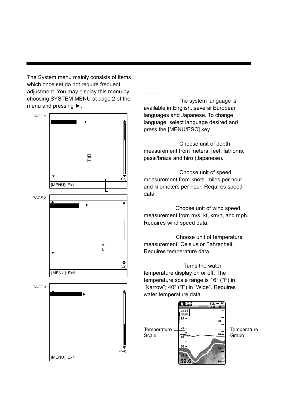 System & installation menus, 1 system menu, System menus | Water temperature display (wide, °f) | Furuno LS-6100 User Manual | Page 25 / 47